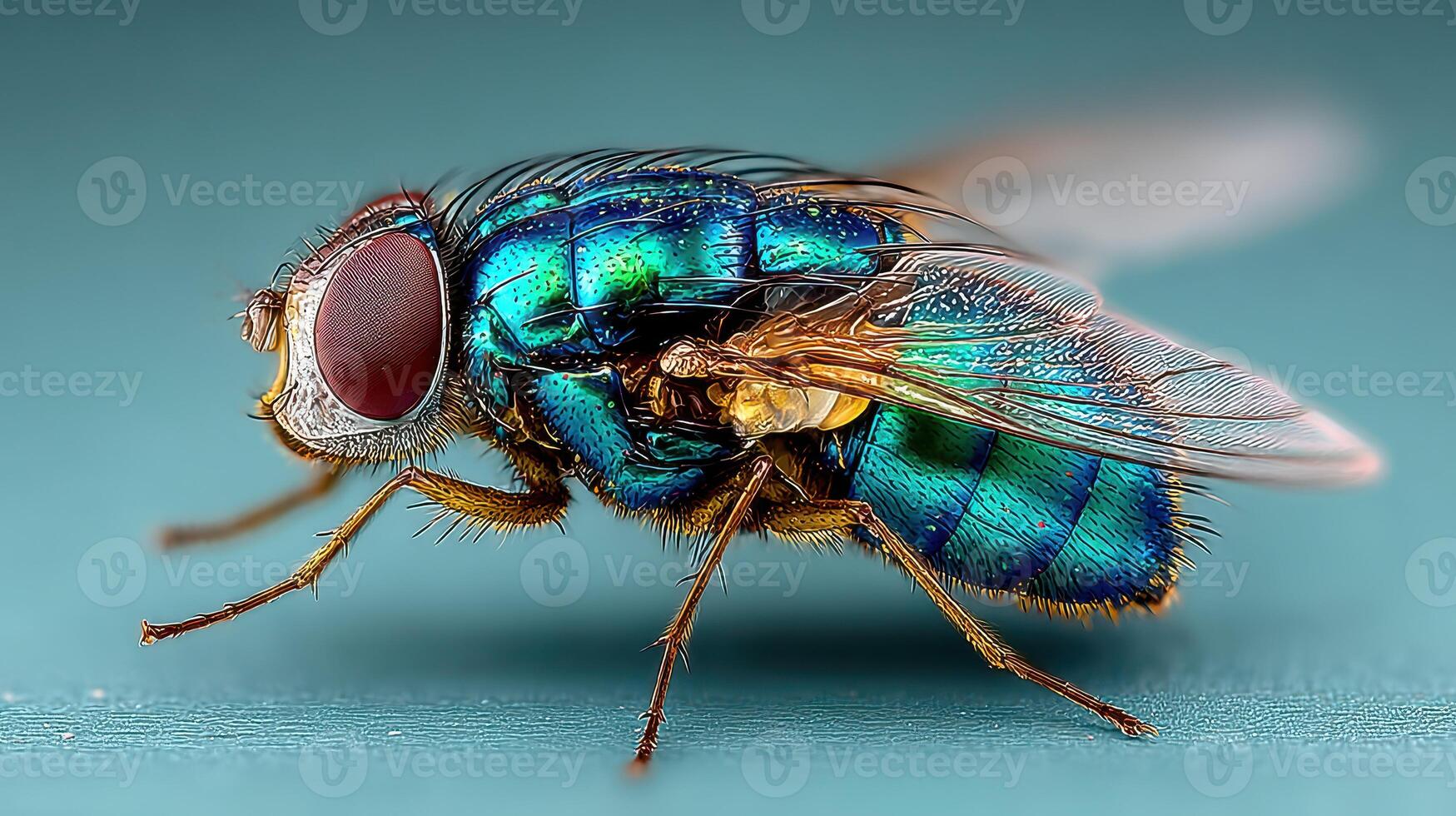 Colorful close-up of a fly displaying vibrant iridescent wings and intricate body patterns in detailed focus photo