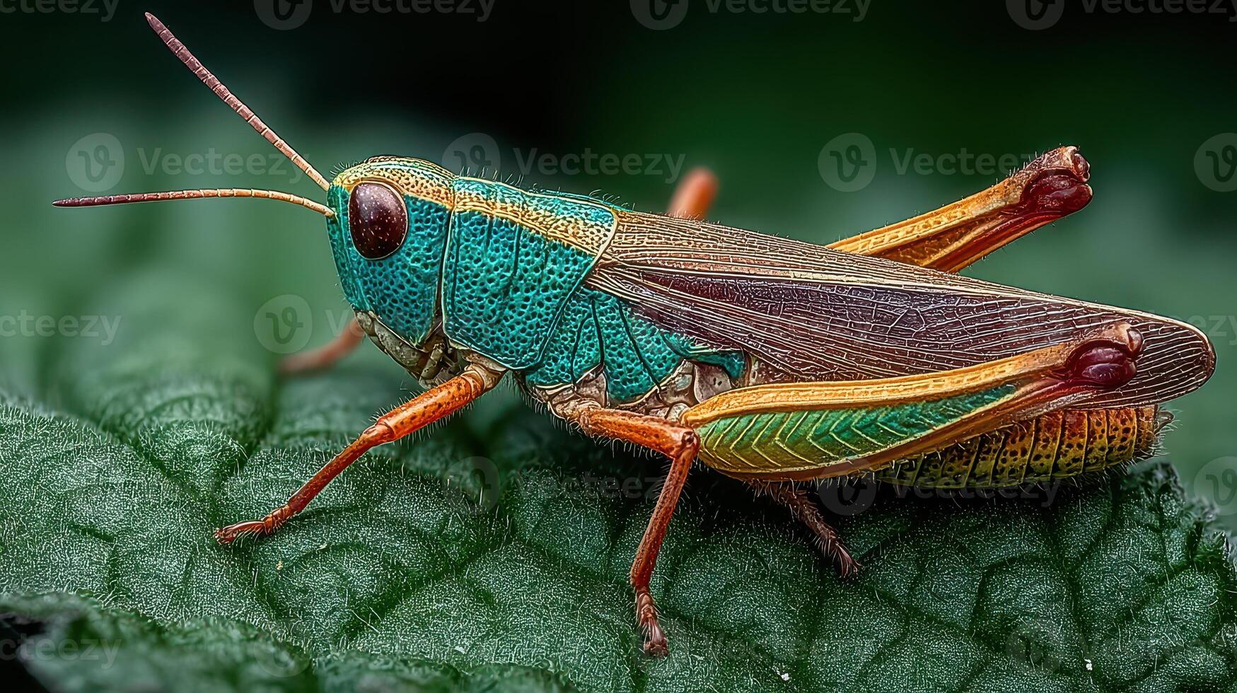 Colorful grasshopper resting on green leaf in natural habitat under gentle sunlight photo