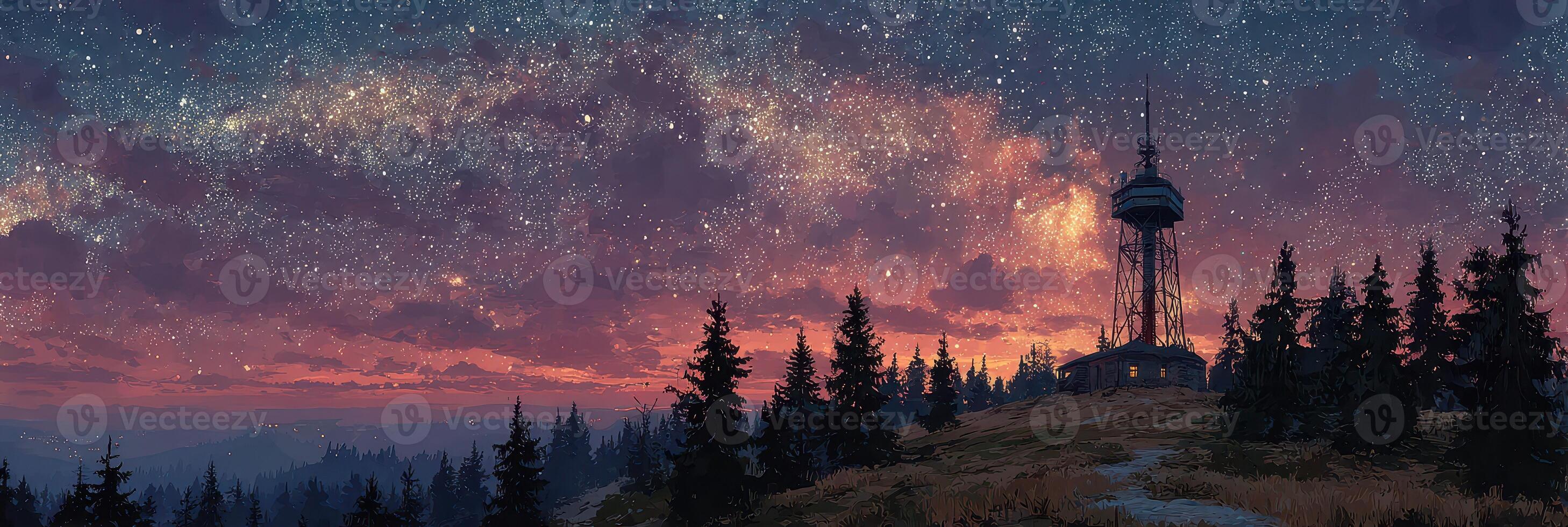 Starlit landscape with a lookout tower in the mountains during twilight hours photo