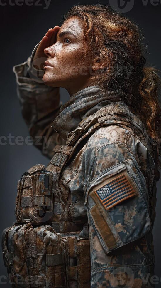 Soldier in military uniform saluting with determination during training in a dimly lit environment photo