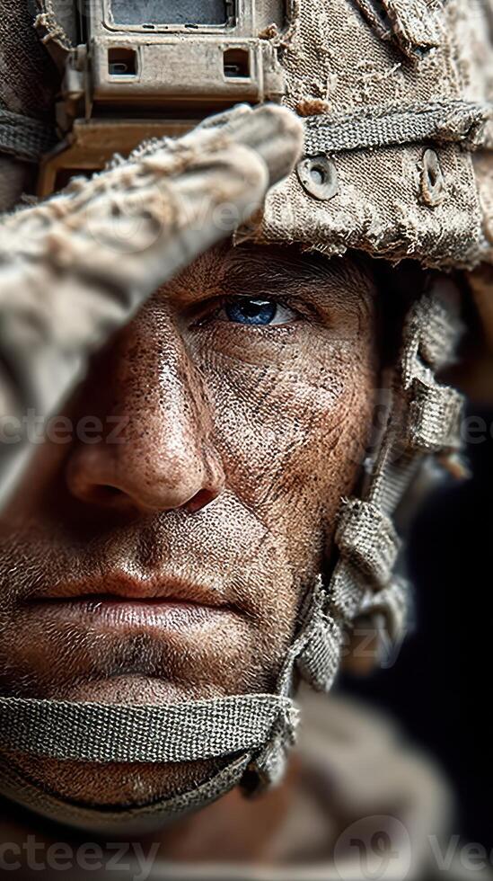 Soldier saluting with a somber expression during a military event at sunset in a rugged environment photo