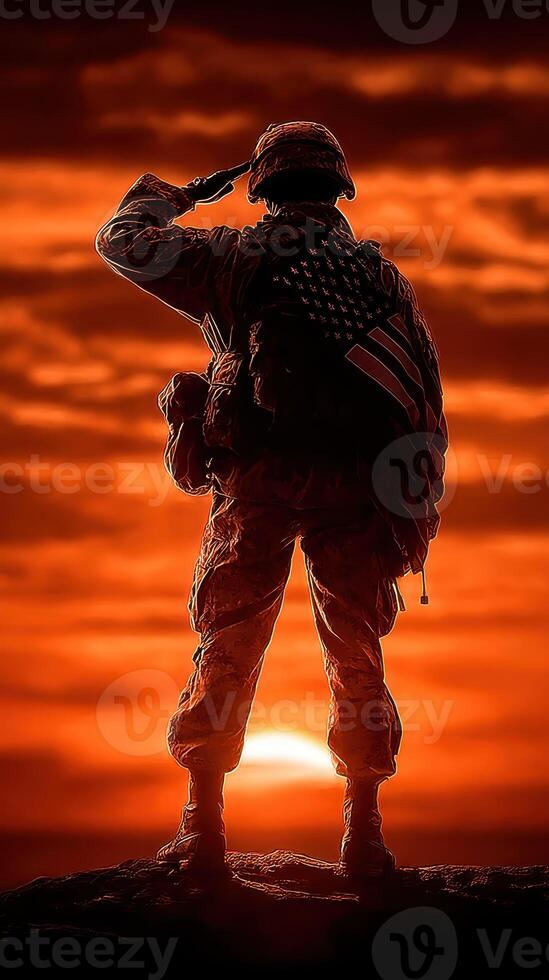 Soldier saluting at sunset with American flag, symbolizing honor and sacrifice in a dramatic sky photo