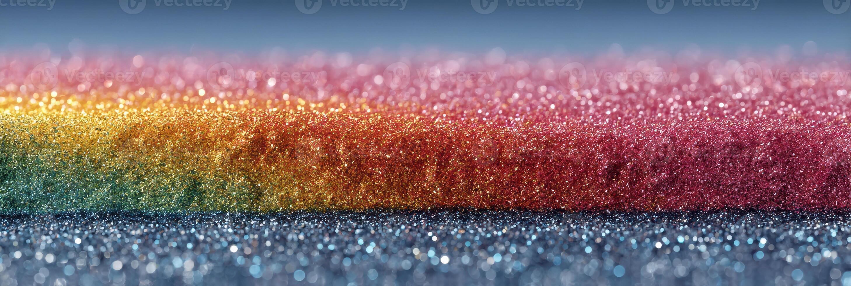 Colorful glitter texture in a soft gradient with hues of red, orange, yellow, green, blue, and purple against a dark background photo
