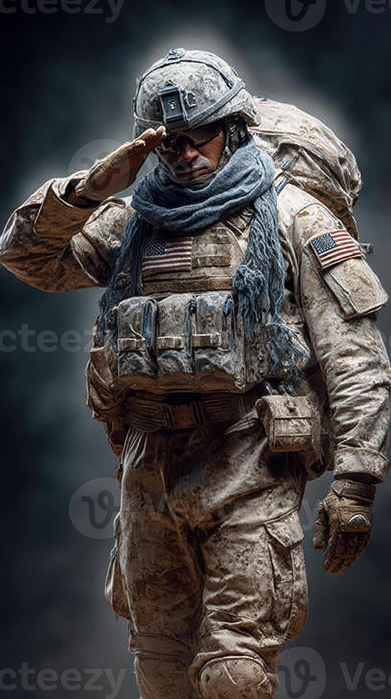 Military soldier saluting with respect in a rugged setting during a mission in a desert environment photo