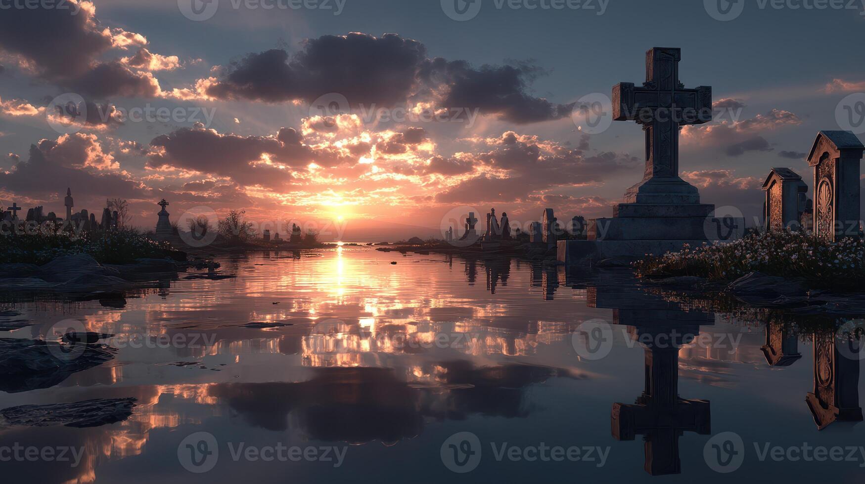 Sunset over a serene cemetery reflecting tranquility in the water with tombstones and clouds photo