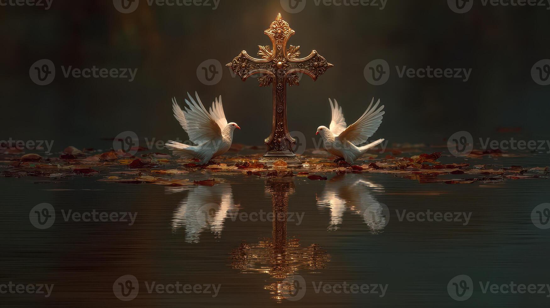 Two doves fly beside a golden cross in a serene water setting during twilight photo