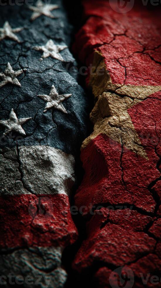 Contrasting textures of torn flags symbolizing the relationship between the United States and China in a cracked surface photo