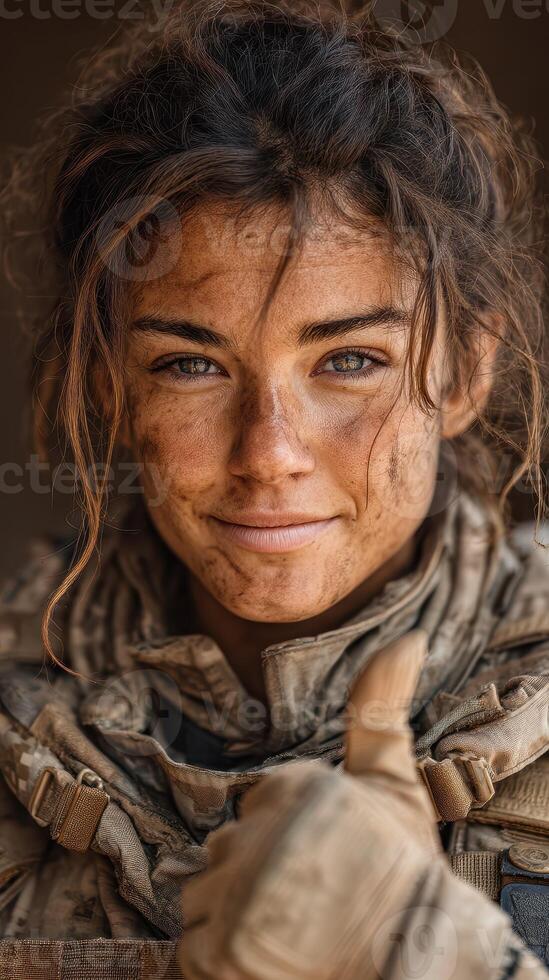 Soldier expresses confidence with a thumbs up during field training in a dusty environment photo