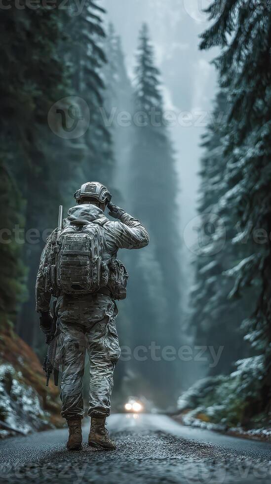 Soldier saluting on a snowy road surrounded by tall trees during early morning mist in a serene forest photo