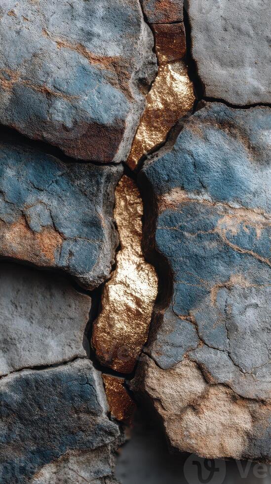 Cracked stone texture revealing shimmering gold detail in a rustic design setting photo
