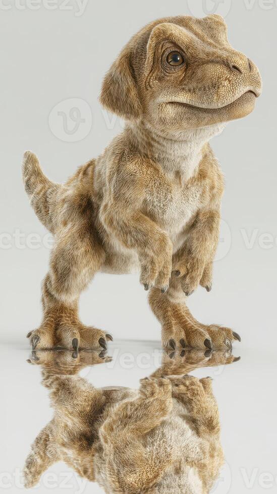Cute dinosaur toy stands on reflective surface showcasing fuzzy texture and playful expression in well-lit environment photo
