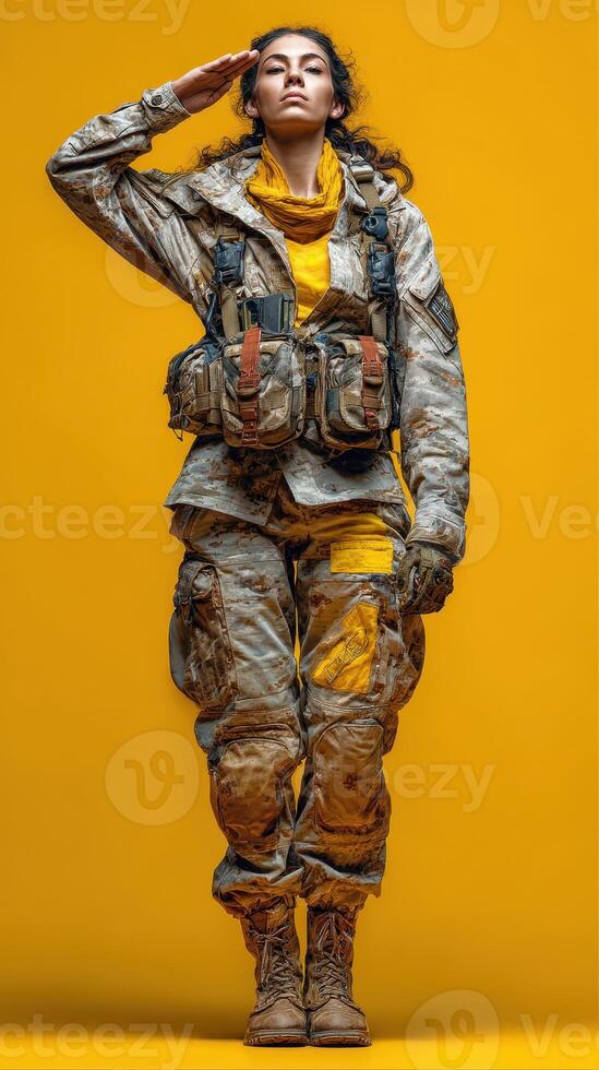 Military personnel saluting against a bright yellow background in tactical gear during a training exercise photo