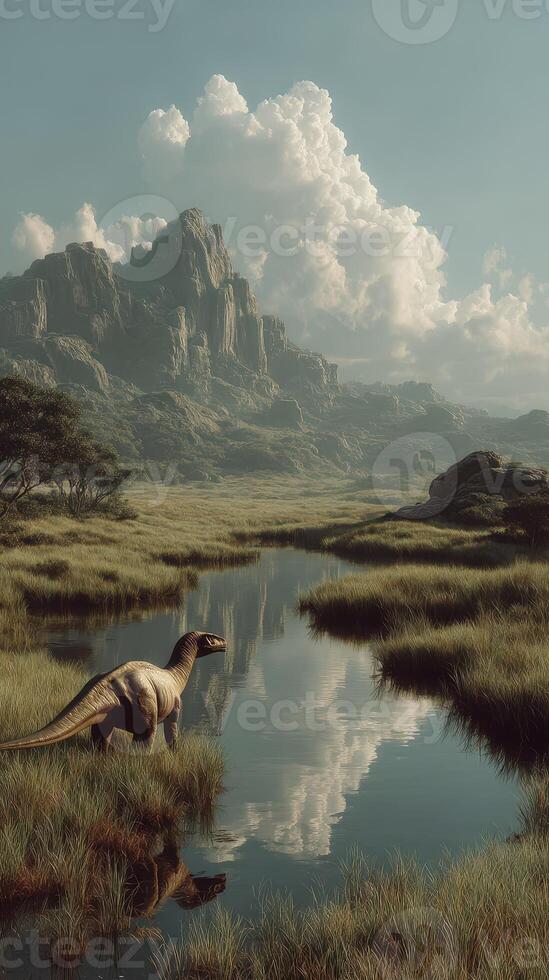 Dinosaur walking through a tranquil wetland with mountains in the background during a clear day photo
