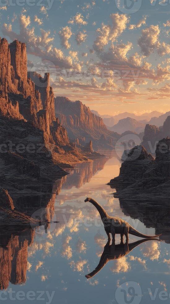 Dinosaur standing by tranquil river at sunset in a surreal landscape with reflections photo