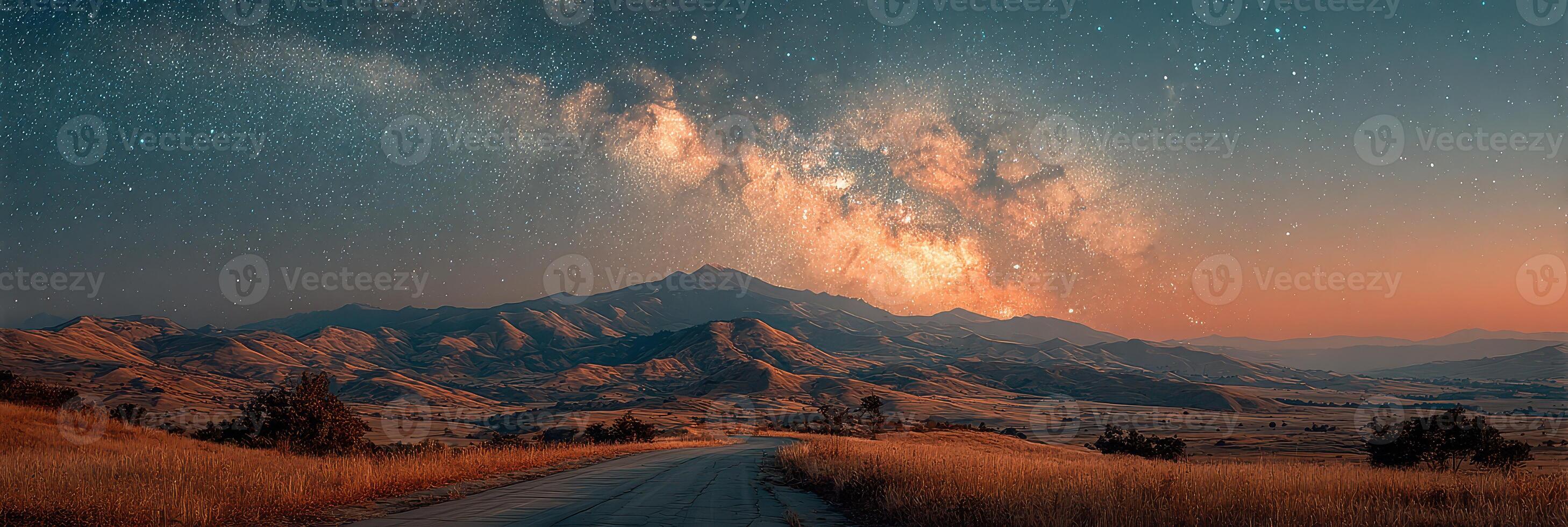 Vibrant night sky capturing the Milky Way over a rural road and mountains during twilight hours photo