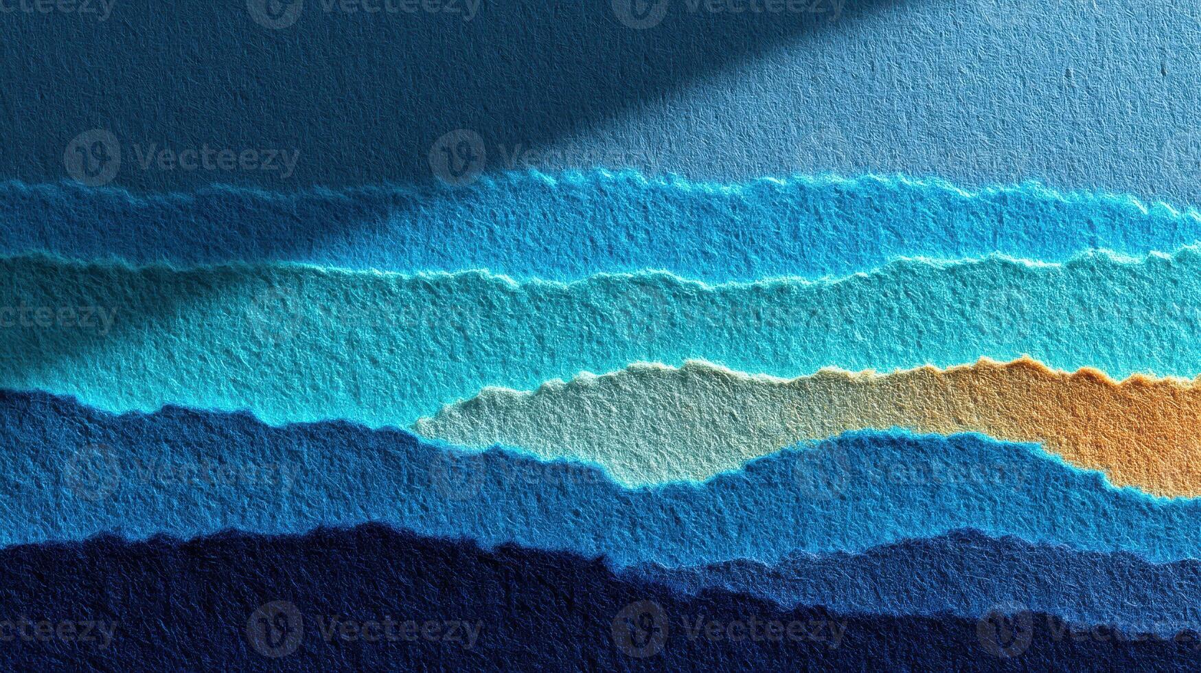 Colorful paper layers create a vibrant abstract landscape with shades of blue, teal, and brown during afternoon light photo