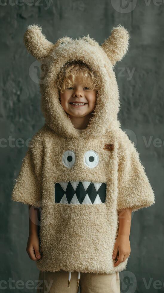 Child wearing a fluffy monster hoodie poses happily in a studio with gray textured background photo