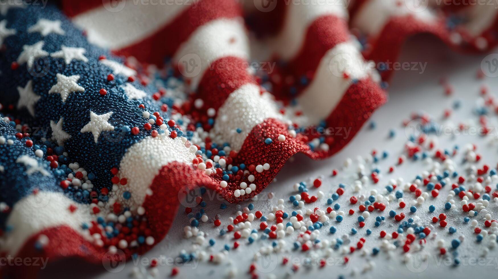 Colorful sprinkles in red, white, and blue arranged on a textured fabric celebrating patriotic themes for festive occasions photo