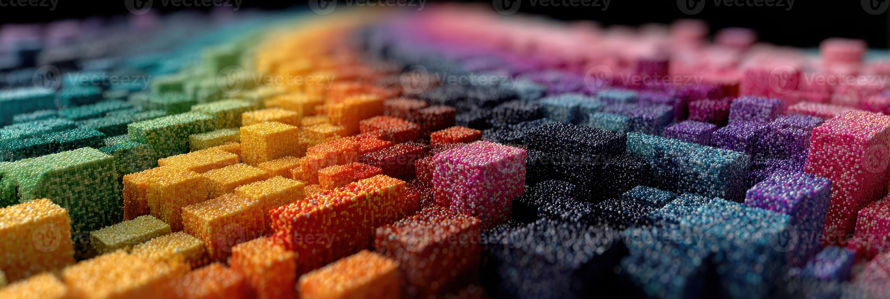 Colorful blocks create a vibrant wave in a three-dimensional digital landscape of textures and hues photo