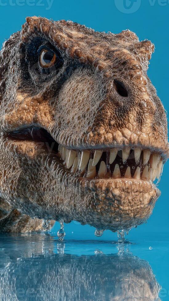 Realistic dinosaur head submerged in water with droplets against a bright blue background photo