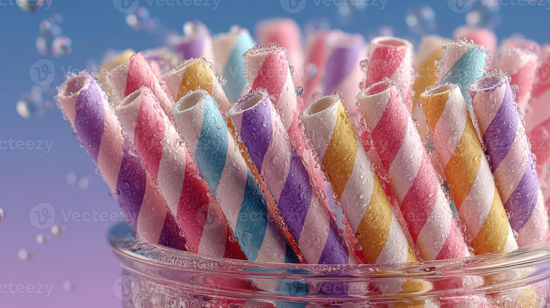 Colorful striped paper straws submerged in bubbles in a clear glass jar with a vibrant background photo