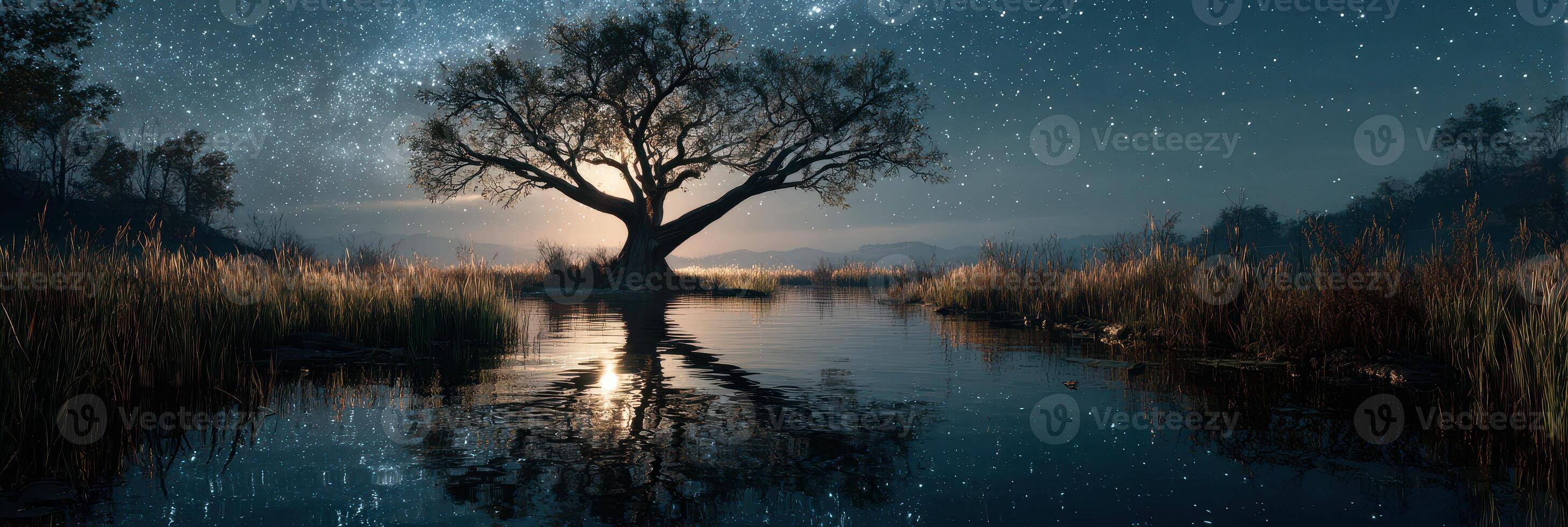 Starry night sky with a solitary tree reflecting in a serene water body during twilight photo