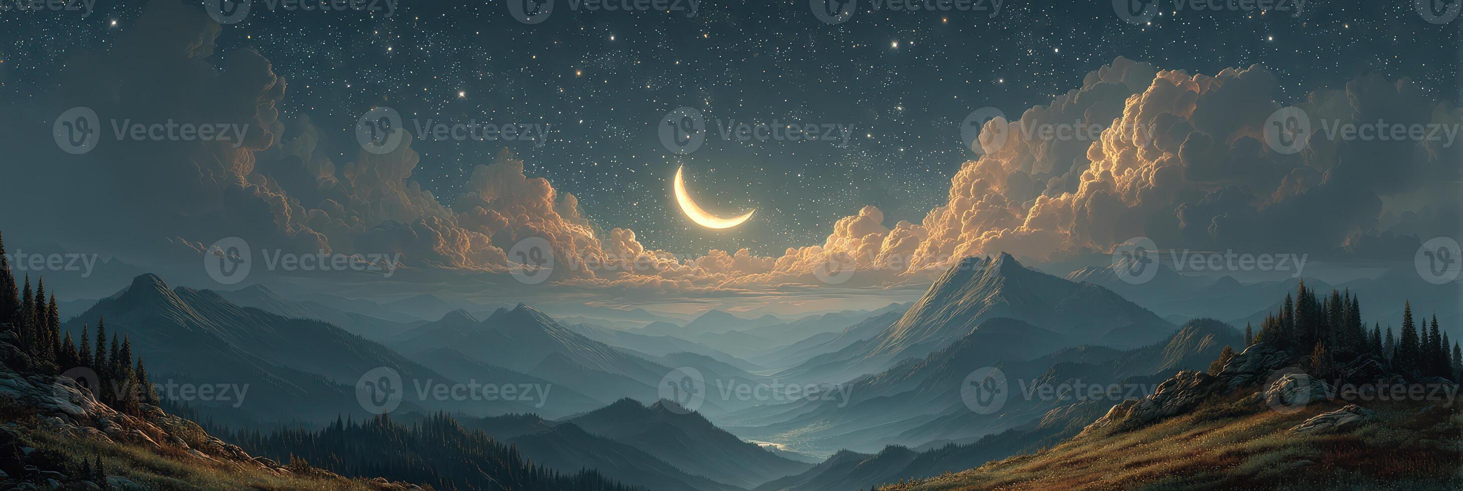 Moonlit landscape under a starry sky with mountains and clouds at dusk in the serene wilderness photo