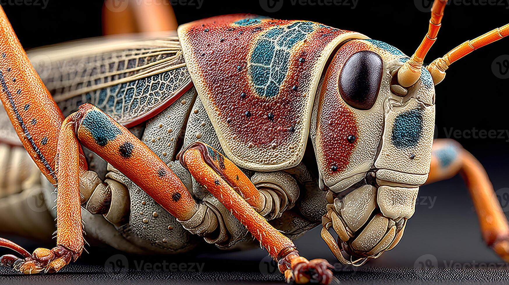 Detailed close-up of a colorful grasshopper showcasing intricate patterns and textures in a natural setting photo