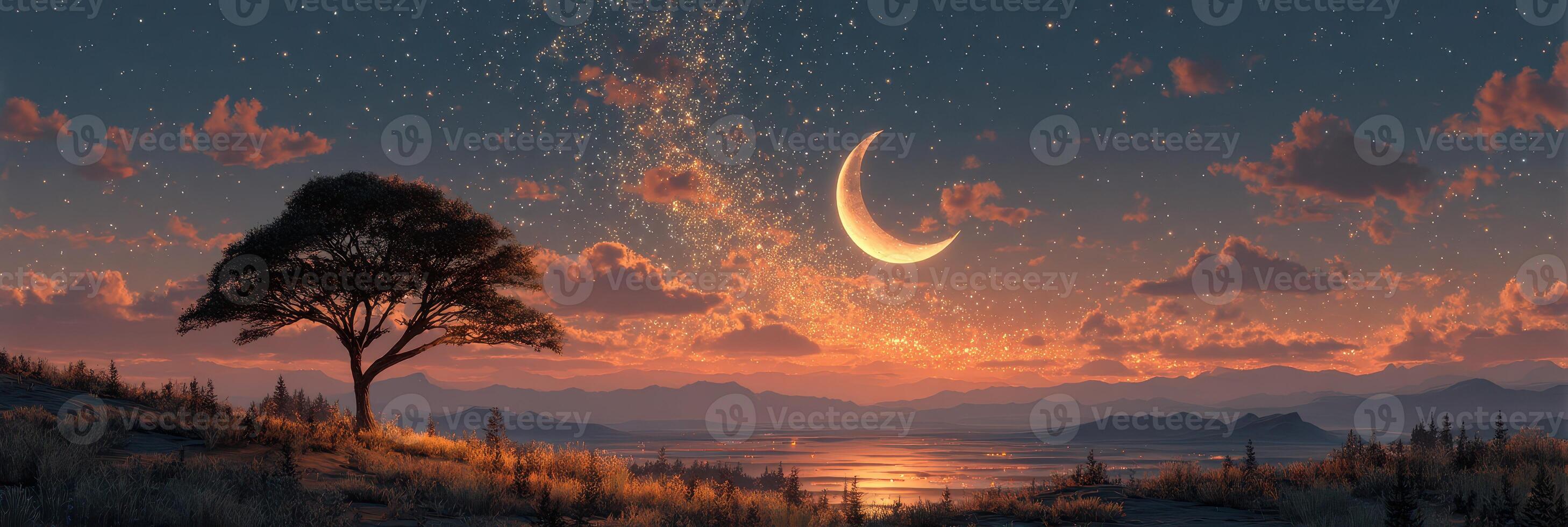 Night sky illuminated by crescent moon and sparkling stars over tranquil lake landscape at dusk photo