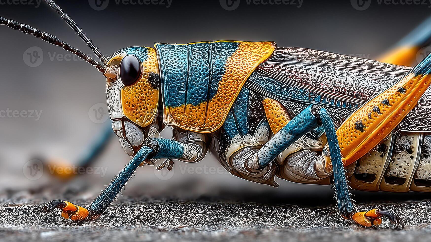 Close-up view of a colorful grasshopper with intricate details and vibrant patterns on its body in a natural setting photo
