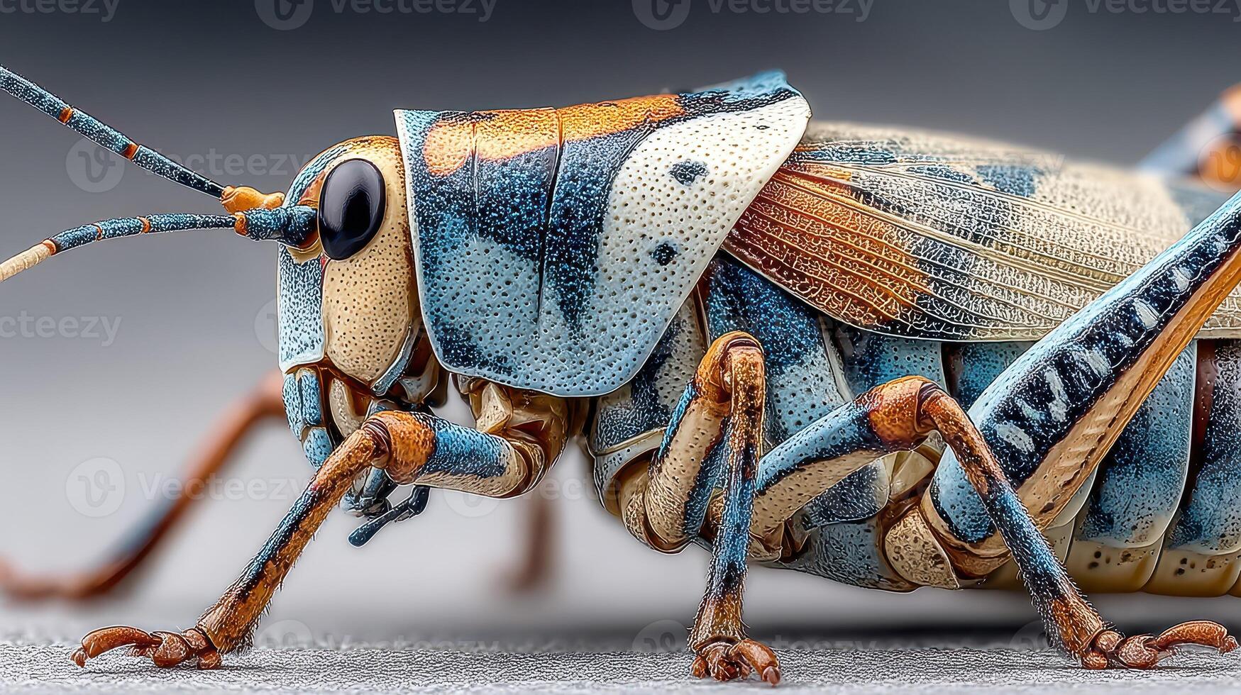 Close-up view of a colorful grasshopper on a smooth surface in natural lighting photo