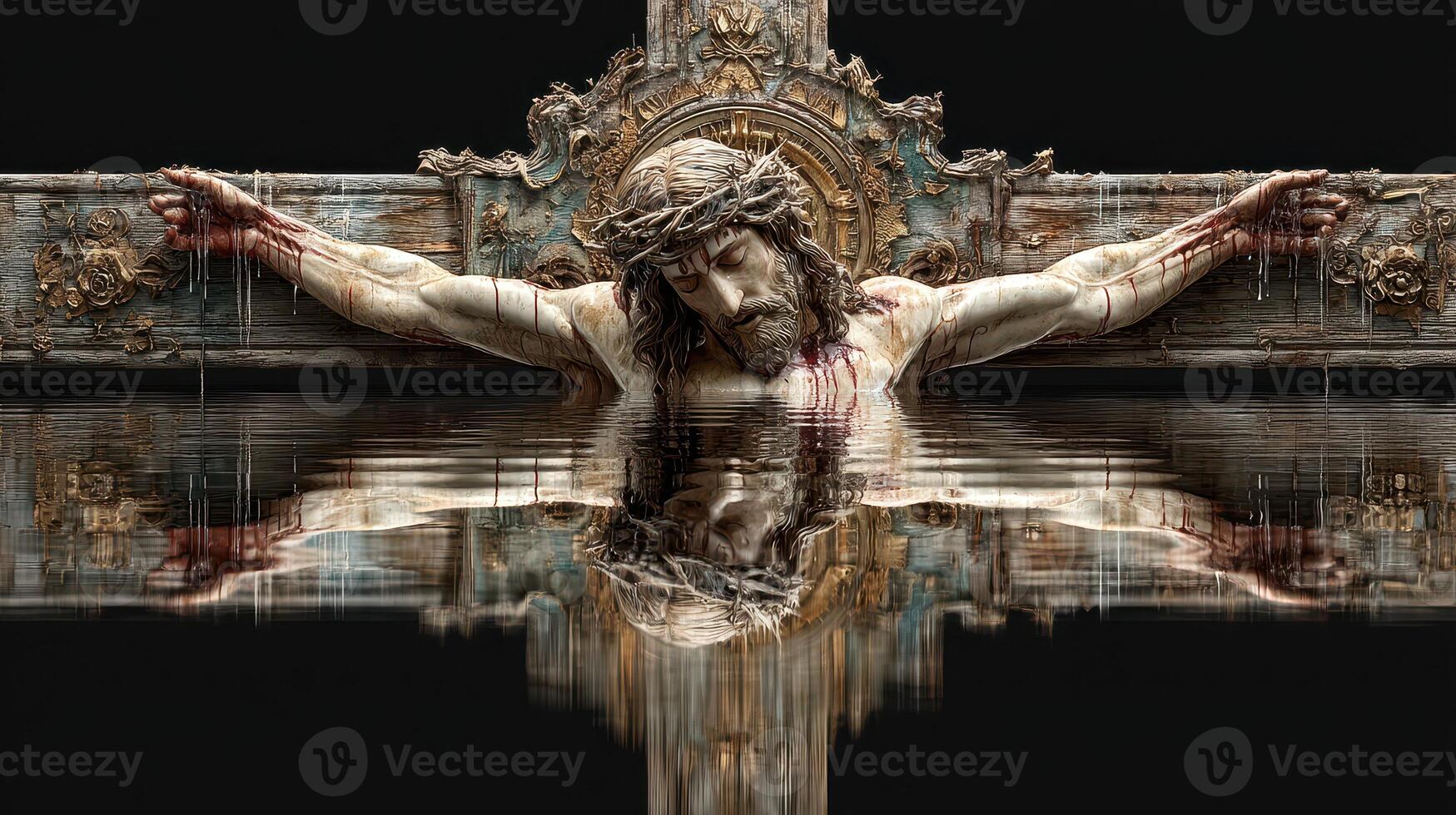 Christian sculpture of crucified figure in a reflective water setting with intricate details at noon photo