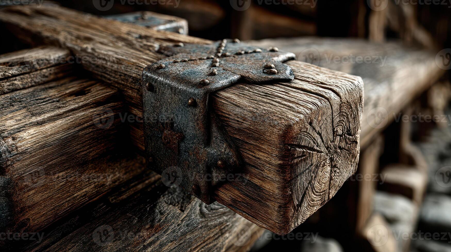 Detailed view of weathered wooden beam with metal bracket showing craftsmanship and age in an ancient structure photo
