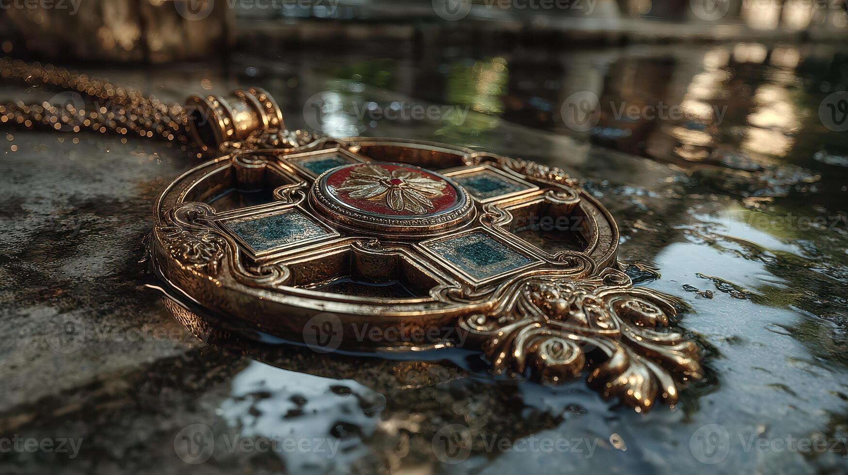 Detailed close-up of an ornate gold pendant resting on a wet stone surface surrounded by greenery in a tranquil setting photo