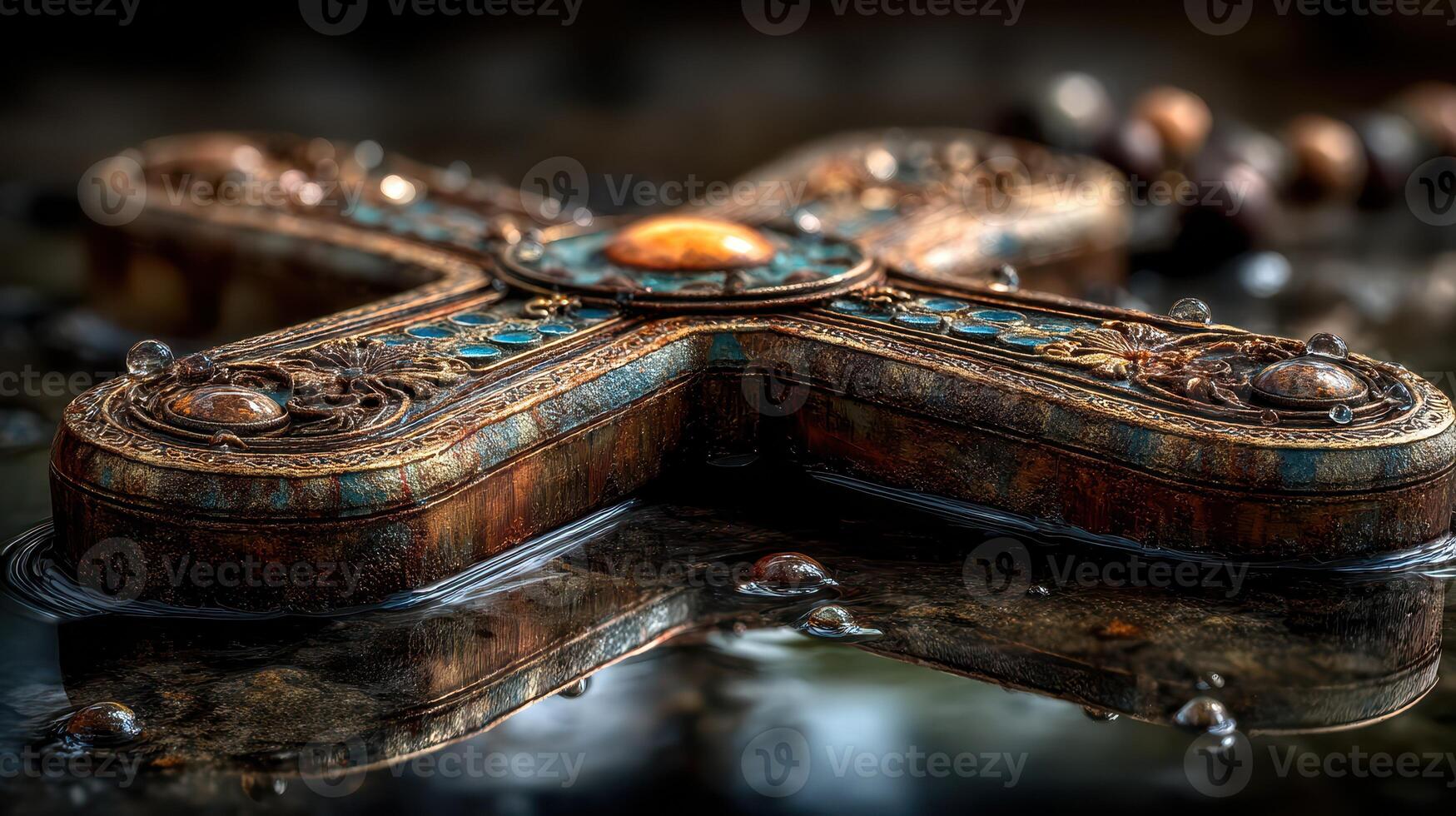 Ornate cross resting in still water with delicate reflections and beads nearby in dim lighting photo