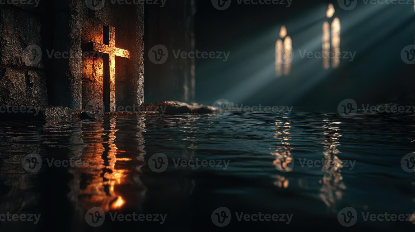 Cross illuminated by light in a dimly lit, flooded chapel during early morning hours photo