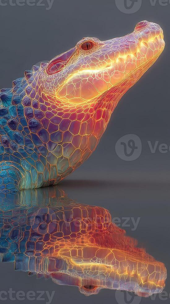 Colorful crocodile illustration reflecting vibrant light in a serene water setting at dusk photo