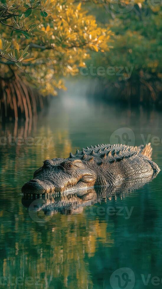 Crocodile resting in calm waters surrounded by mangrove trees during early morning light photo