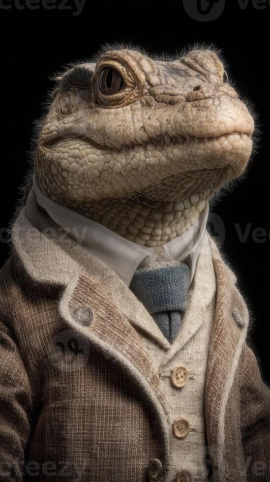 Lizard dressed in formal attire poses confidently against a dark background, showcasing unique fashion style and character photo