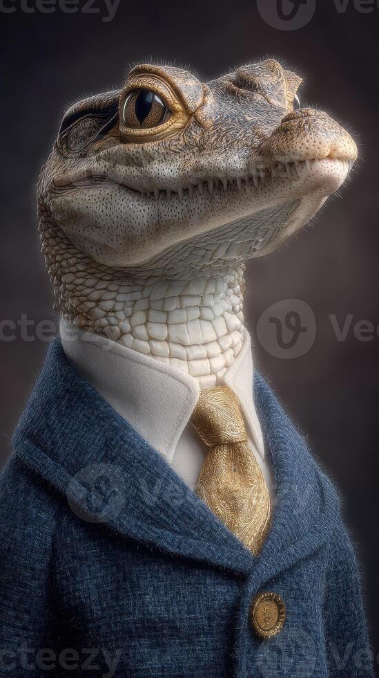 Lizard dressed in formal attire with a blue suit and gold tie showcasing a unique fashion moment photo