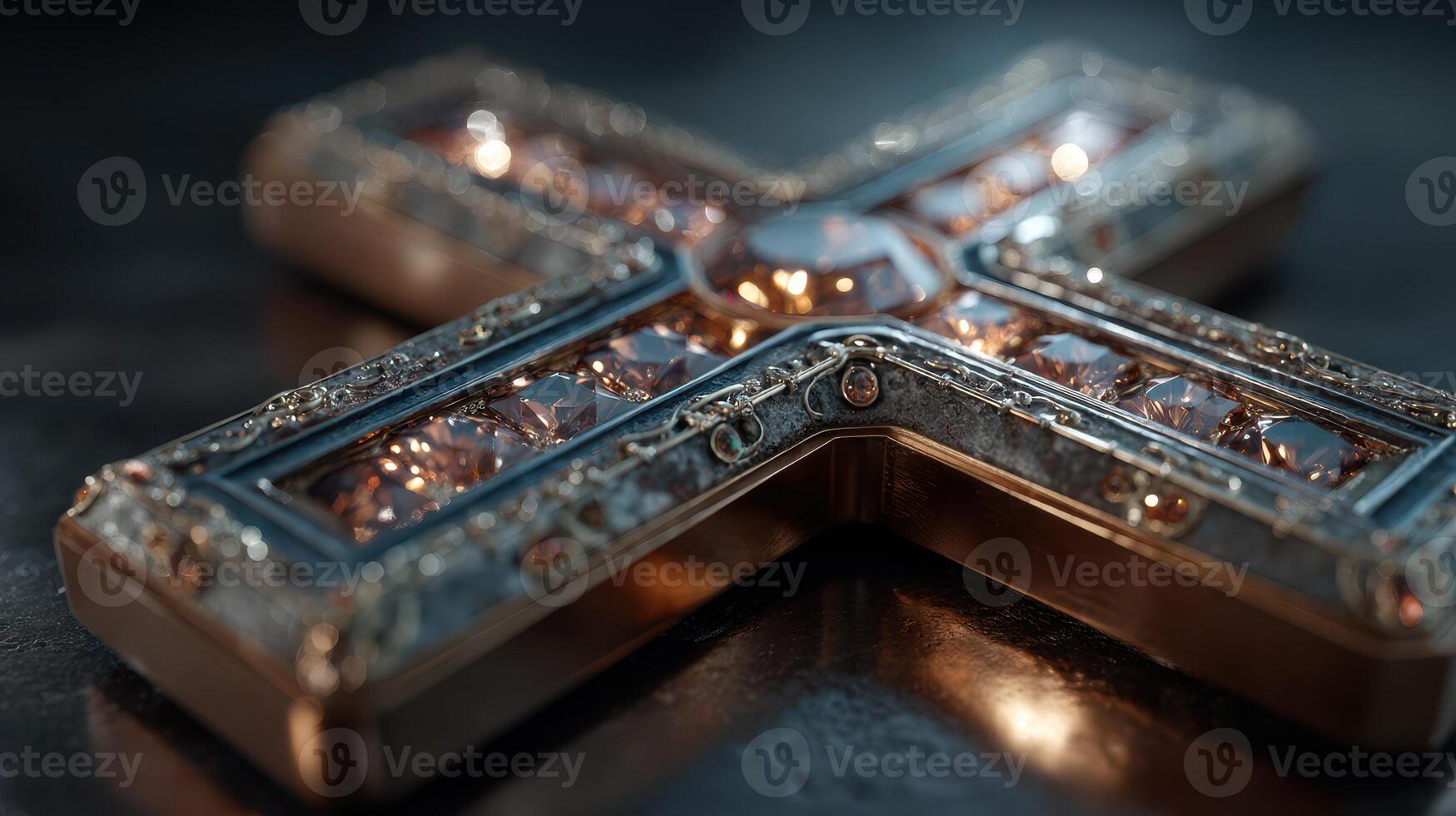 Intricately designed cross resting on a reflective surface showcasing detailed craftsmanship and gleaming embellishments photo