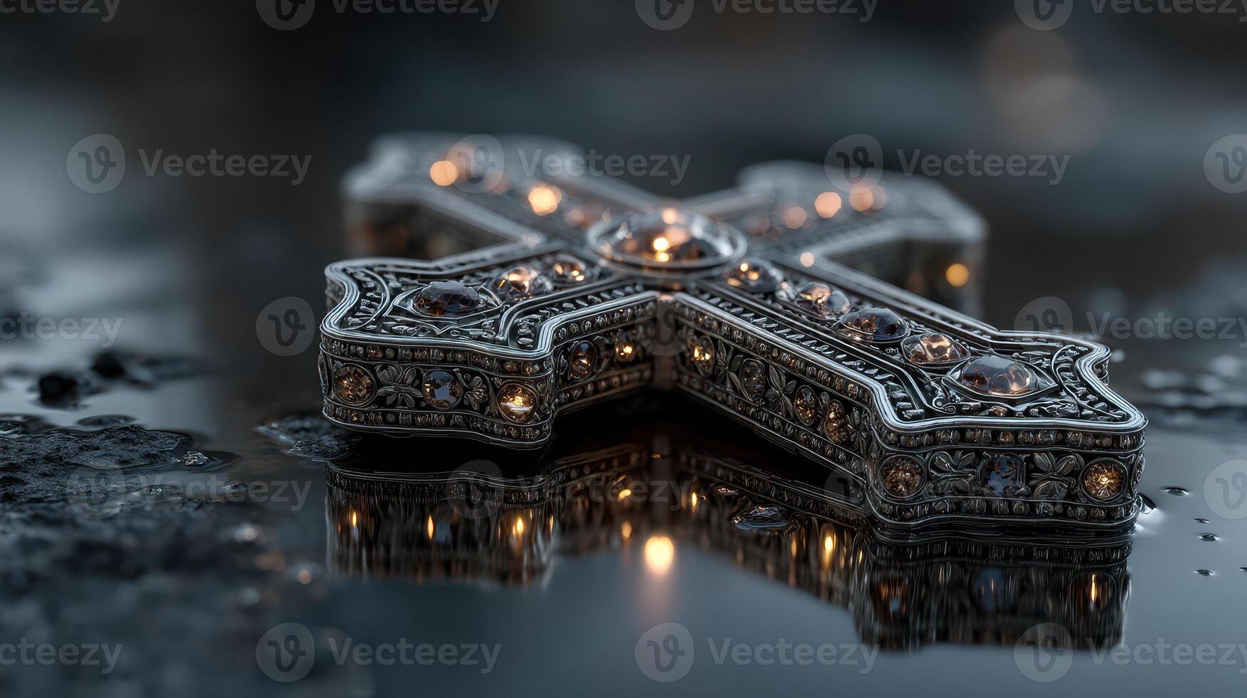 Beautiful ornate silver cross with gems reflecting light in a serene setting during twilight hours photo