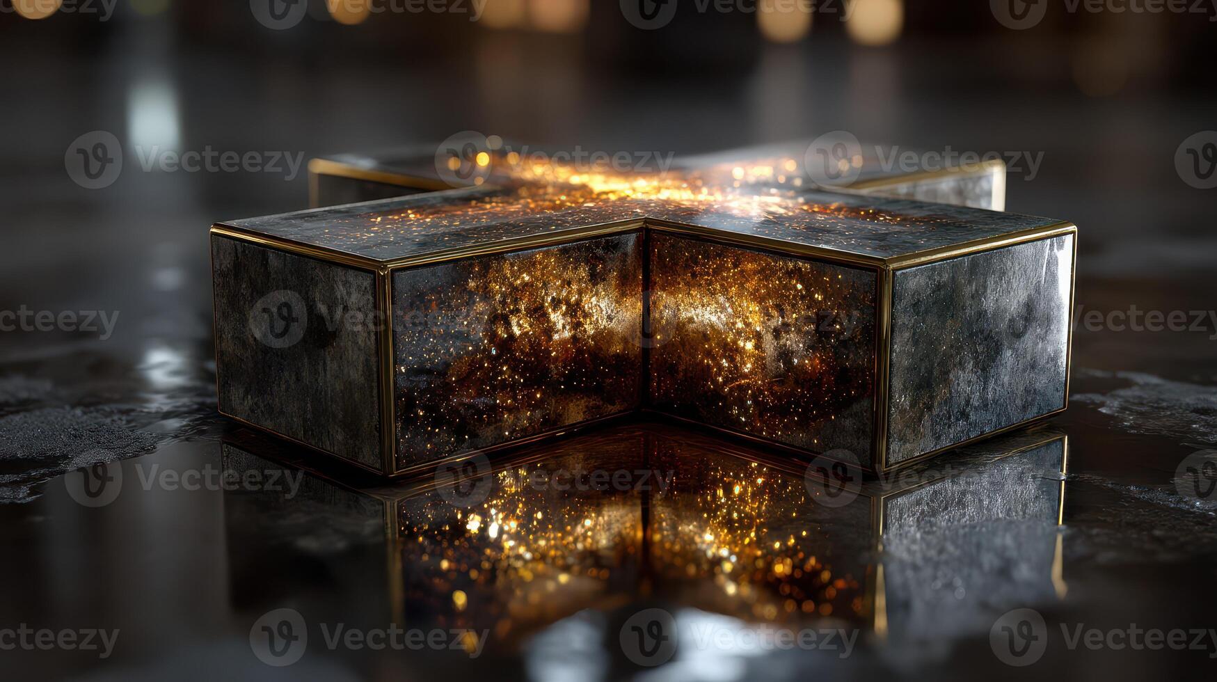 Intricate metallic structure with golden patterns shines on reflective surface in modern art installation photo