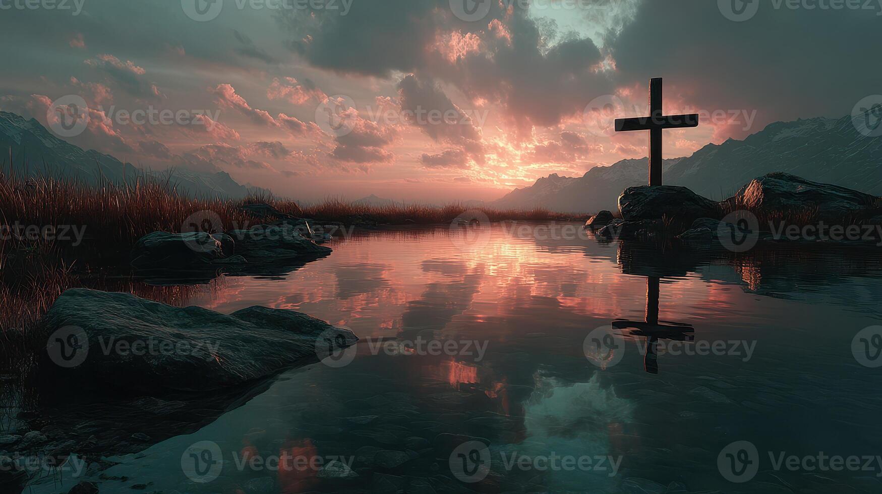 Sunset over tranquil water with a cross and mountains in the background at twilight photo