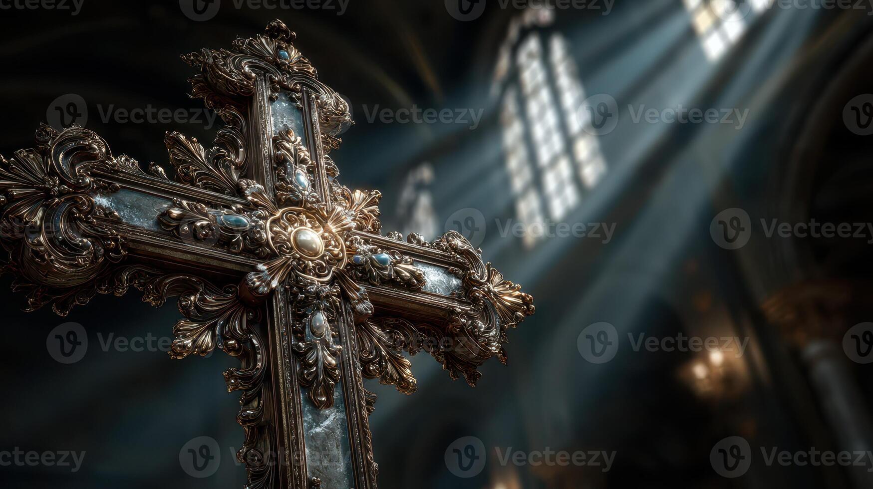 Intricate cross design illuminated by soft rays of light in a grand church setting at twilight photo
