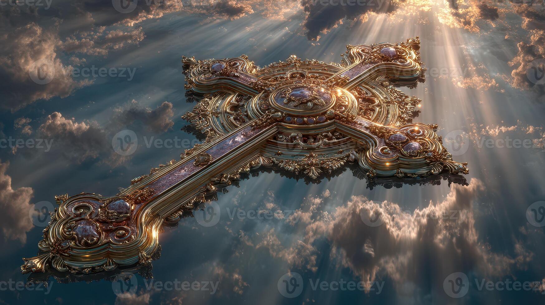 Stunning ornate cross floating among clouds with rays of sunlight shining down in a serene sky photo