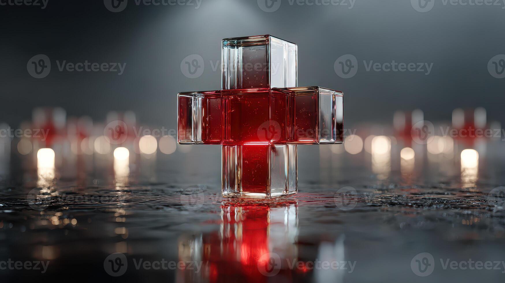 Red cross symbol made of glass with glowing light in a dark environment showcasing a modern design photo
