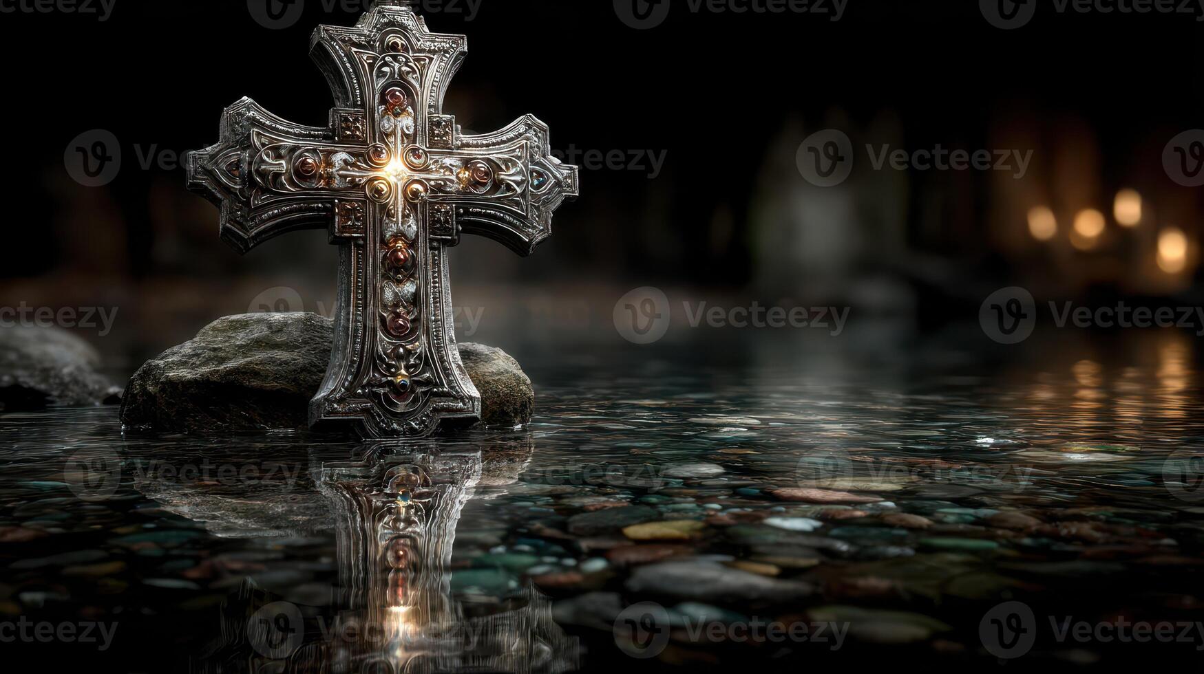 Silver cross resting on stones in reflective water, illuminated by soft candlelight in a dimly lit setting photo