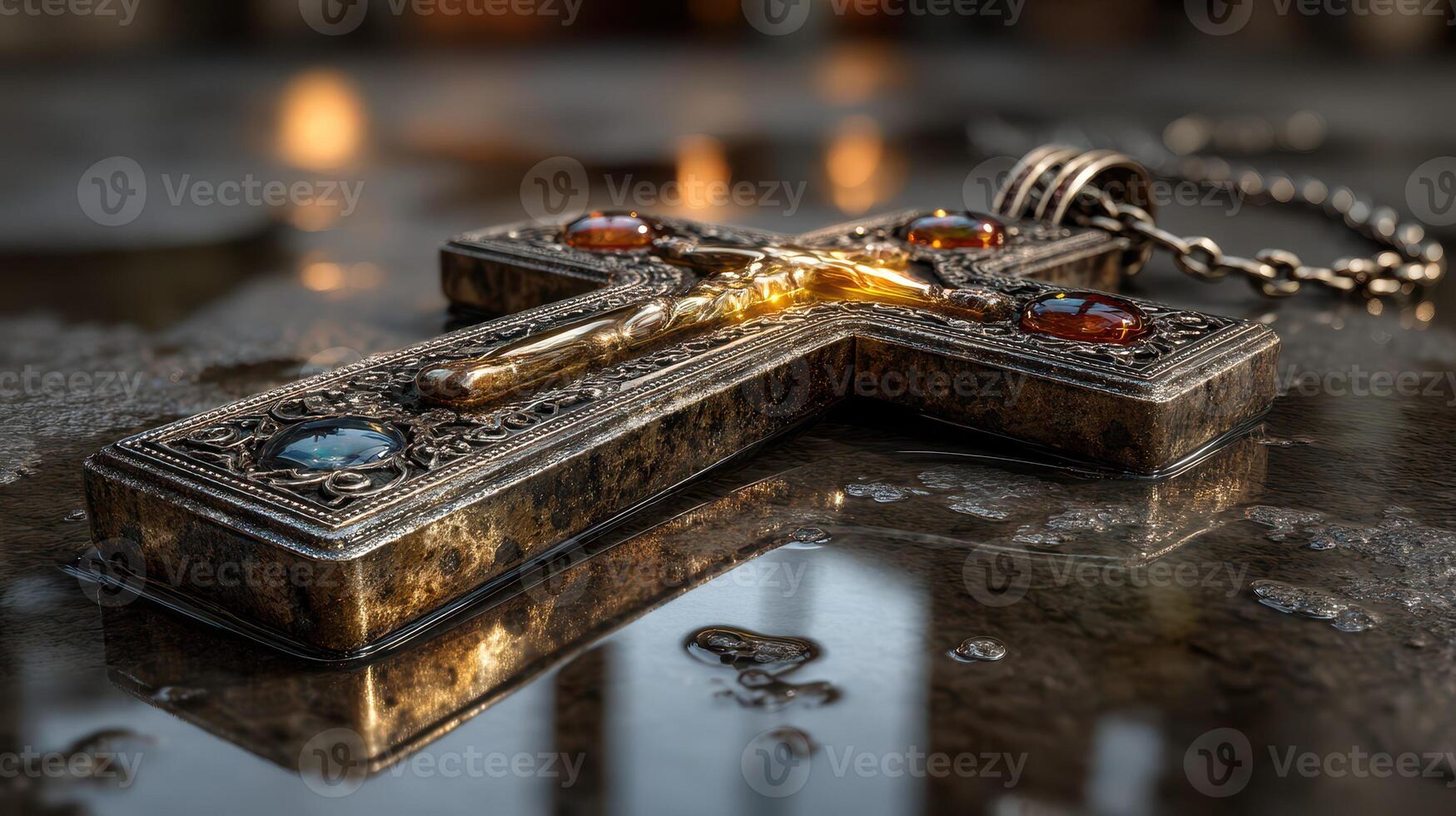 Silver crucifix with gemstones reflecting light on a wet surface in a dimly lit space photo