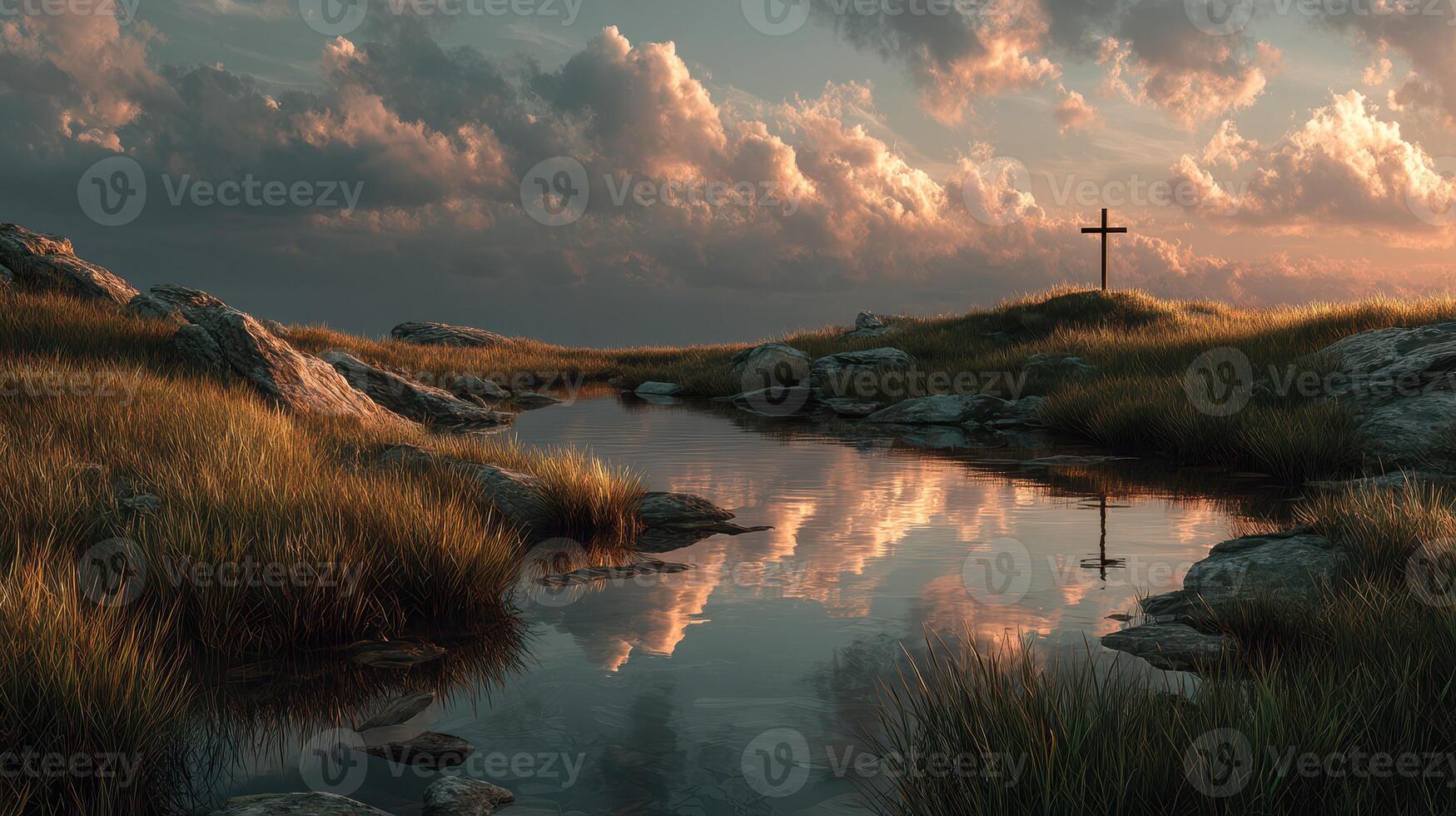Sunset over a tranquil pond with a cross and vibrant clouds in a grassy landscape photo